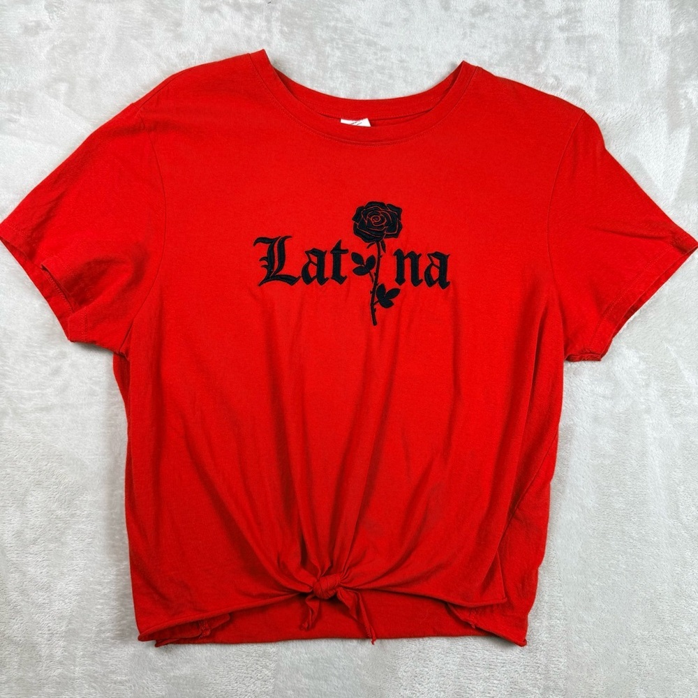 Vibe N Latina Rose Graphic Tee Womens Large Red Black Embroidered Gothic Cotton